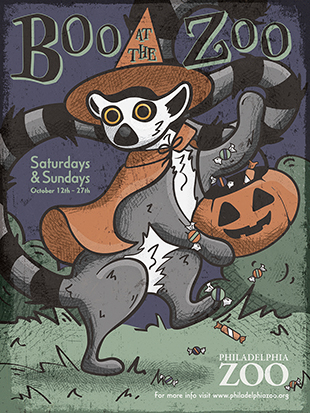 A zoo poster with a lemur tricker treating.